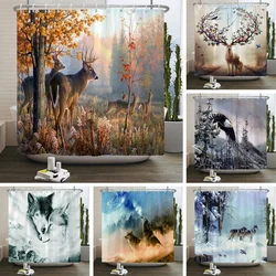 Deer Bathroom Shower Curtain Elk Highland Cow Peacock Forest Mountain Animal Polyester Hanging Curtains Home Bathroom Decor Set