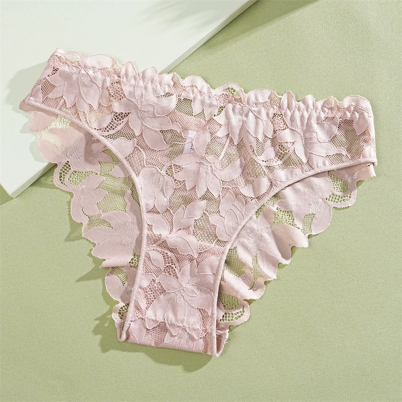 FINETOO 2 Stück Damen-Unterwäsche aus Satin mit Blumenspitze, sexy, aushöhlen, Höschen, solide, niedrige Taille, perspektivische Slips, Mädchen, weiche Dessous – Detail 11