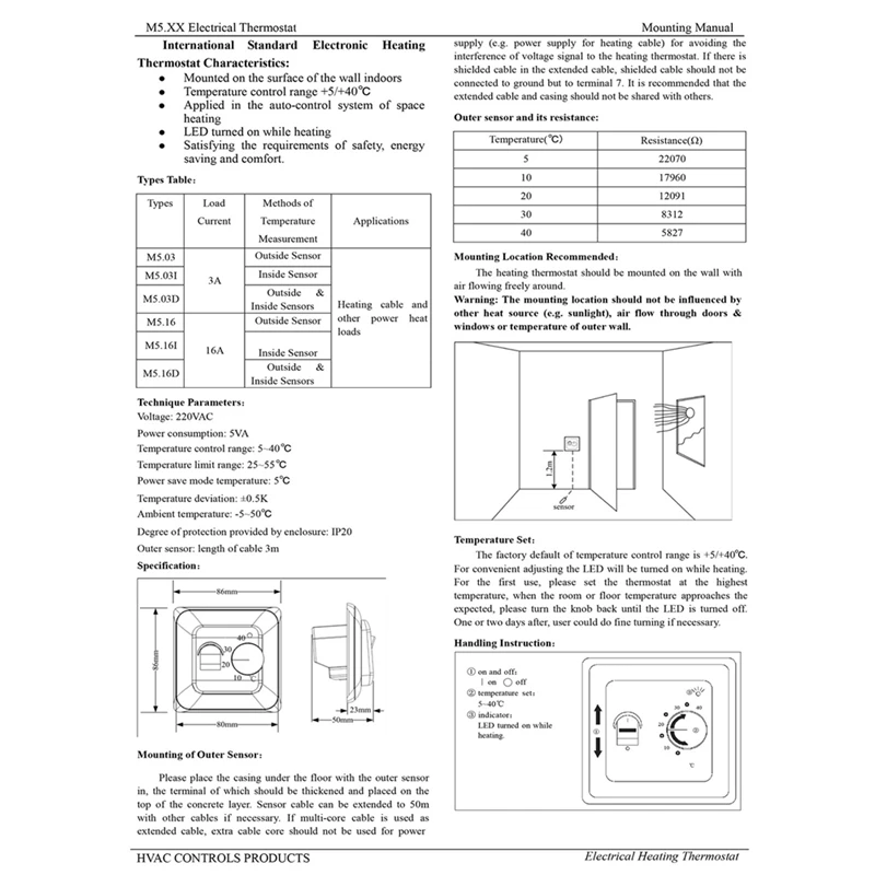 Mechanical Thermostat Remote Floor Heating Regulator Temperature Controller 16A 220V Floor Heating Thermostat