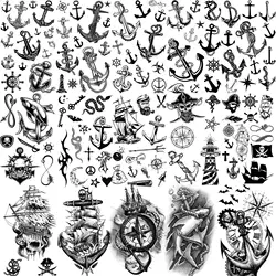 Tatuajes temporales de ancla de Barco Pirata para hombres y mujeres, pasta de tatuaje de brújula, impermeable, tiburón falso, negro, pequeño, 15 hojas