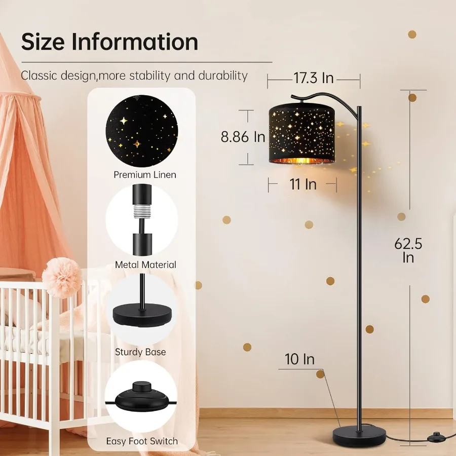 โคมไฟตั้งพื้นสไตล์โมเดิร์นพร้อมโป๊ะผ้าลินินสไตล์โบฮีเมียนสำหรับห้องนั่งเล่น ห้องนอน และสำนักงาน ขั้วหลอดไฟ E26 ควบคุมด้วยสวิตช์เท้า สีดำ ขนาดกลาง