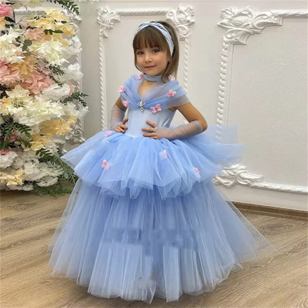 

Flower Girl Dress Birthday Light Blue Pageant Communion Robe Baby Party Elegant Spaghetti Straps Communion Custom Princess Ball