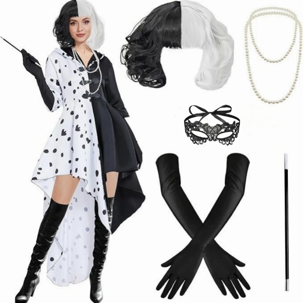 Conjunto de disfraz de Cruella inspirado en la película para mujer, vestido negro y blanco con lunares, peluca, guantes, collar, máscara, bastón, disfraz elegante de Halloween