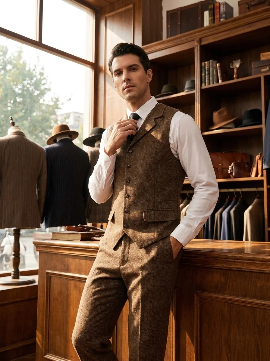 In Stock Men Herringbone Tweed Lapel Waistcoat Suit Vest Vintage Business Casual Wedding Jacket For Party