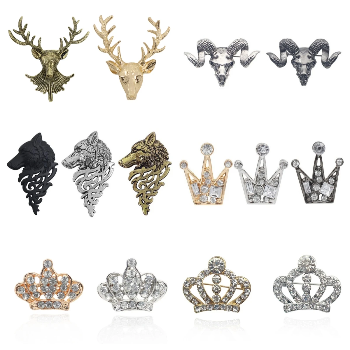 2024 Hot Deer Cattle Wolf Shape Brooch Pins Popular Cute Friends Gold Color Vintage Animal Pin Crown Shape Brooches Jewelry Gift