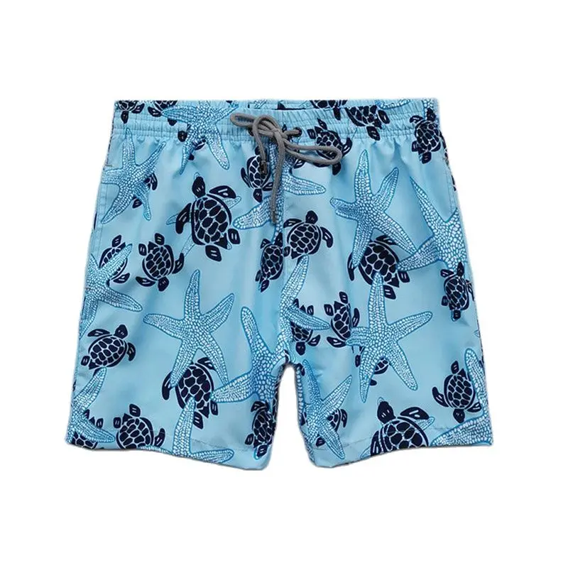 Hot Summer Men's Brand Elastic Waist Blue Boardshorts Watercolor Turtles Printed Beach Surf Bathing Swimwear Casual Shorts