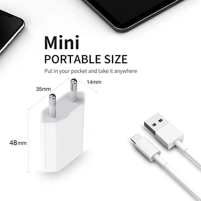 2Pcs 5V 1A USB Cable Wall Travel Charger Power Adapter USB C Cable EU Plug For iPhone 14 13 12 Mini 11 Pro MAX Charger