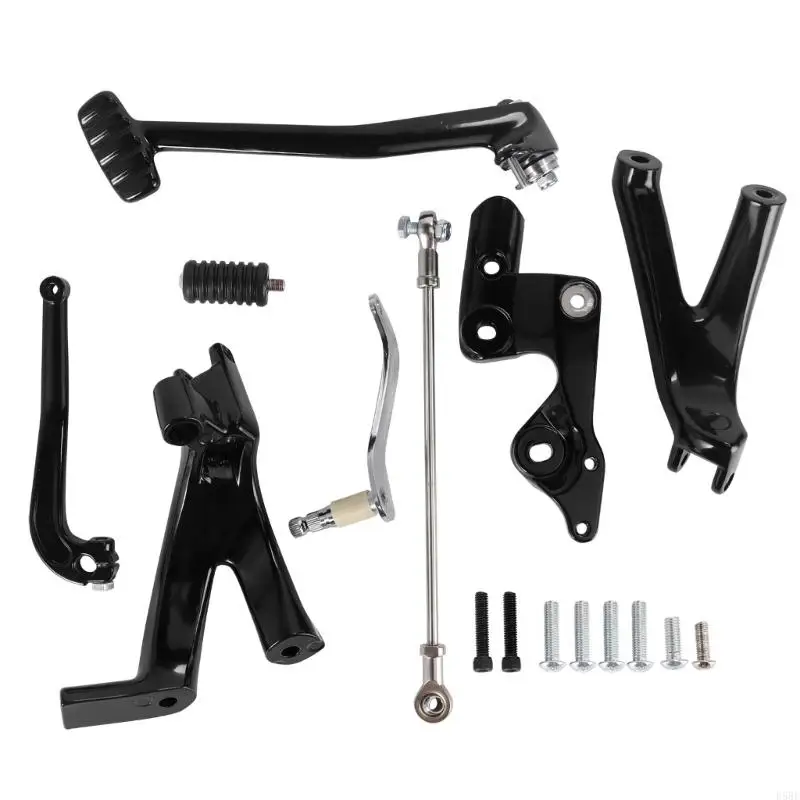 D5BE Motorcycle Forward Black Metal Foot Peg Assembly Set with Linkage Rod and Brake Side Bracket for Selected