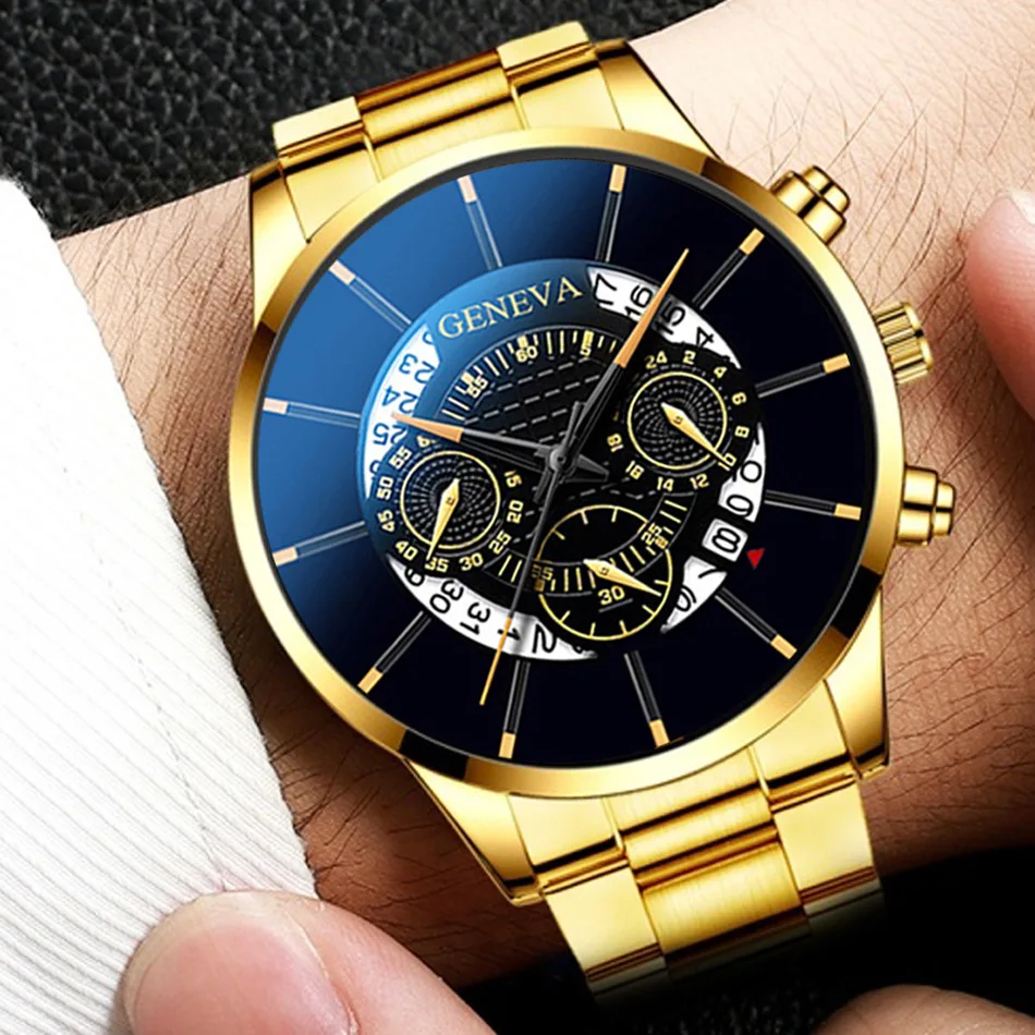 4PCS/Set New Hot Men\'s Watch Fashion Calendar Watch Stainless Steel Strap Quartz Watch with Jewelry Set