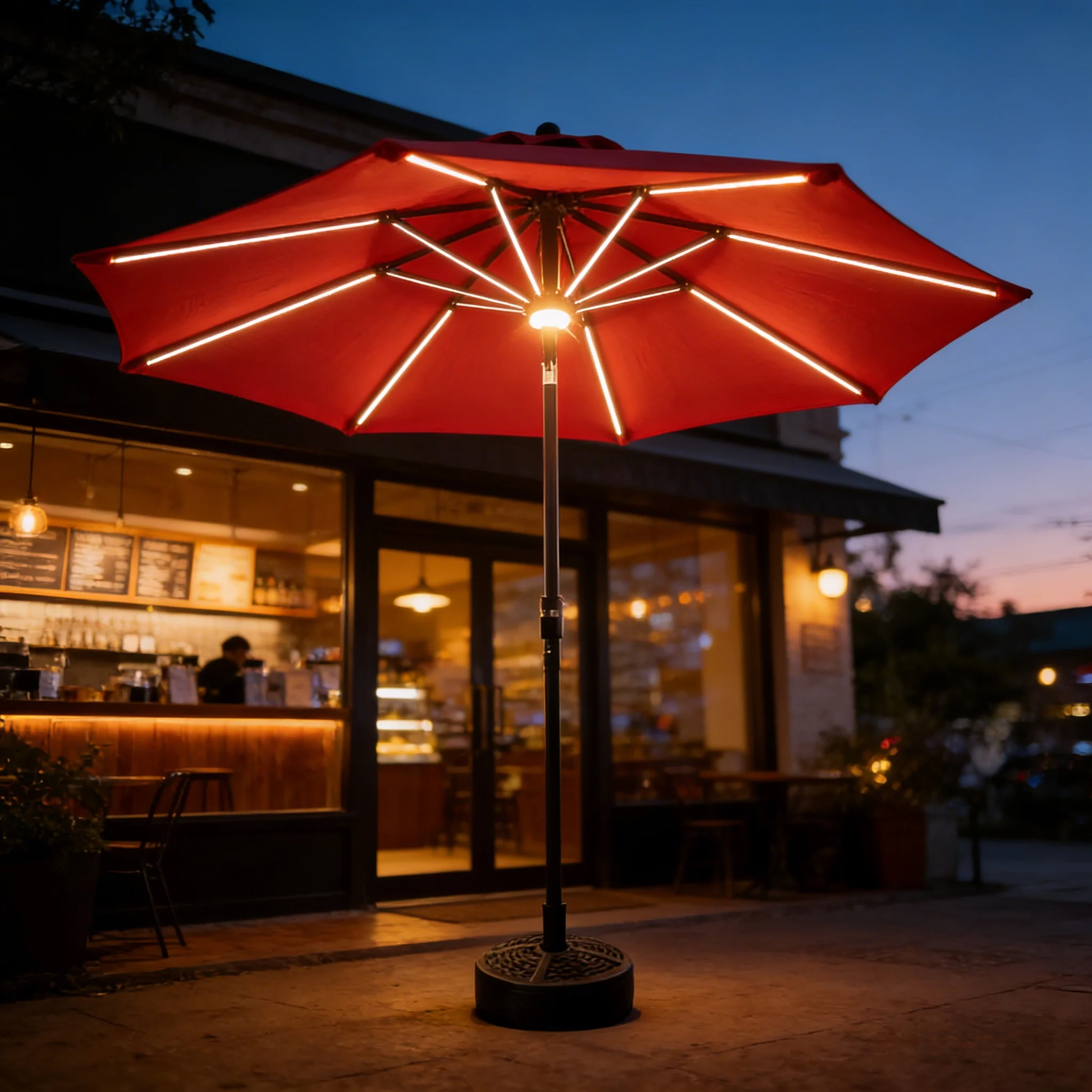 #Commercial Hotel 2.7m/3m Solar LED Lighted Waterproof Patio Market Umbrella/Parasol Rib Strip + Center Light Heavy Duty 8-Rib