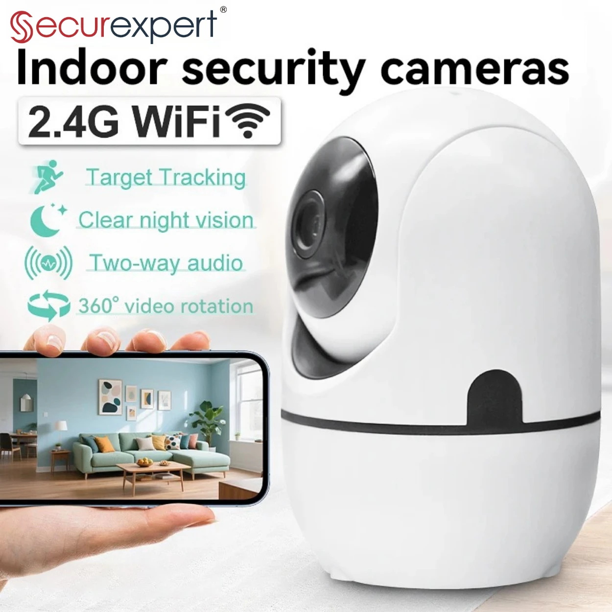 

Умная Wi-Fi камера видеонаблюдения 2K Securexpert 360 ° PTZ-камера с автоматическим отслеживанием, ИИ-детектором и ночным видением для наблюдения за ребенком