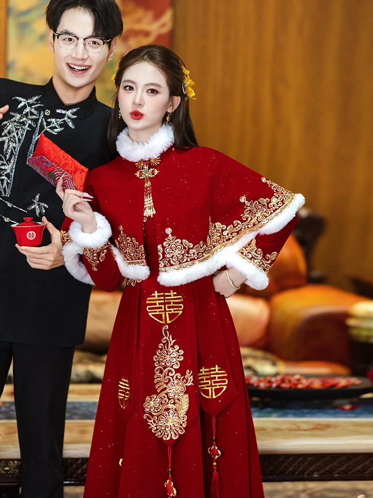 

Красное свадебное платье для беременных женщин, новое, в китайском стиле, больших размеров, для полных женщин, для помолвки, церемонии и винных подношений