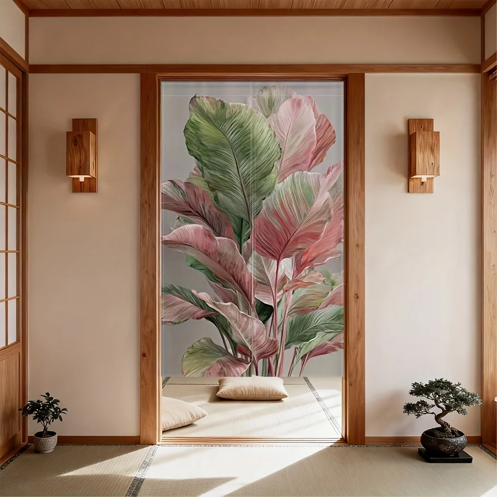 Tropical Leaves Noren Curtain – Pink & Green Botanical Design, Rod Pocket Top, Easy to Hang, for Bedroom or Kitchen Decor