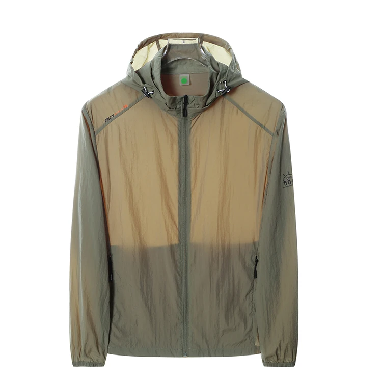  Men Summer Hooded Windbreaker Ultra Light Zipper Pocket Elastic Cuffs Anti-UV Hiking Running UPF 50+ Sun Protection Jacket
