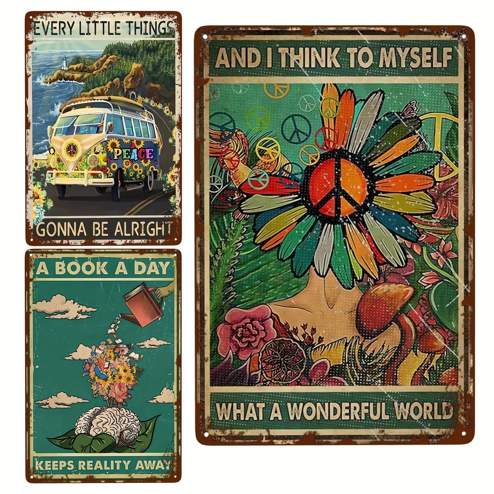 

1pc Metal Sign Vintage Sunflower Bus Hippie Peace Metal Wall Plate for Bar thanksgiving decorations Art Aluminum Sign 8 x 12Inch