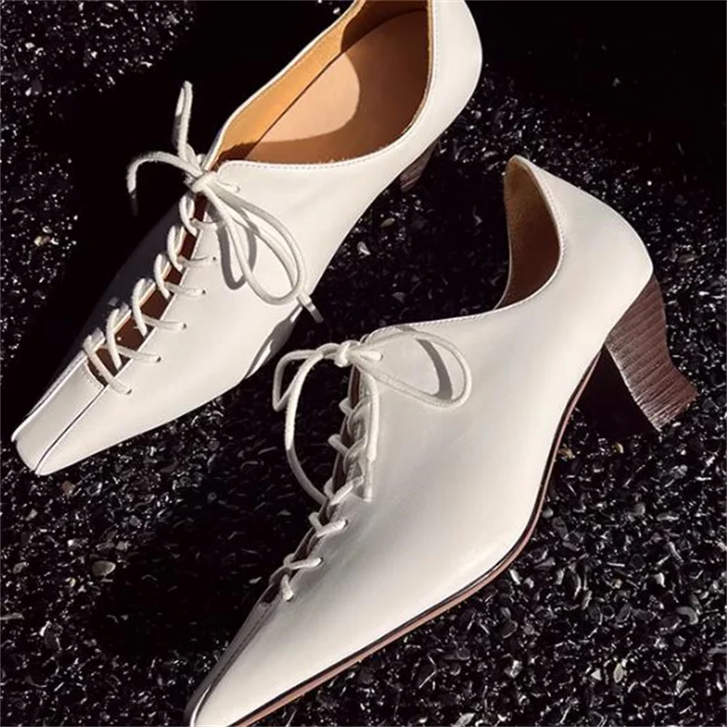 

Crossover Strap Shoes for Ladies Pointed Toe Chassure Women Lace-up Churry High Heels Leather Female Pumps Sewing Lines Tacones