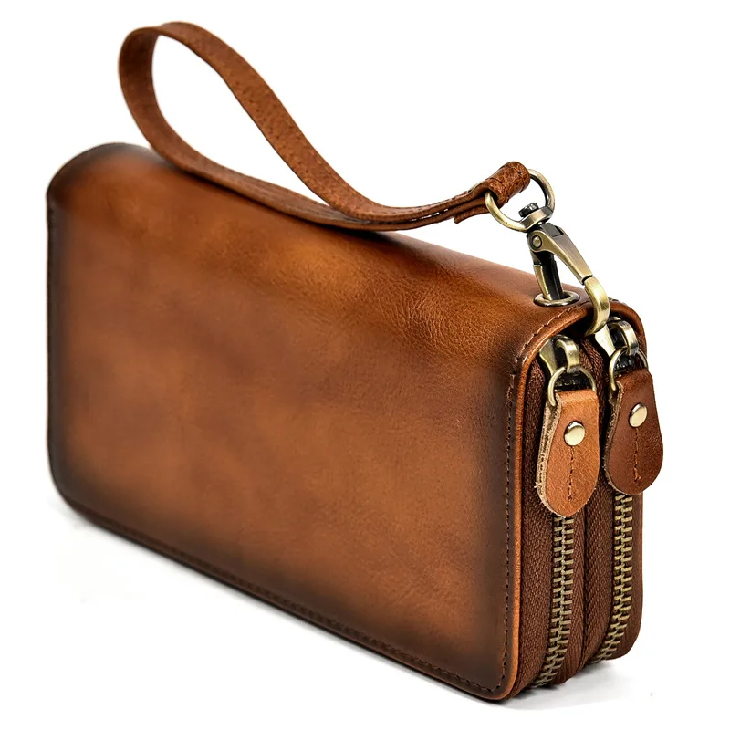 Vintage Crazy Horse Leather Men Women Long Purse Wallet Credit Card Double Zip Wallets Long Wallet Male Clutch Purse