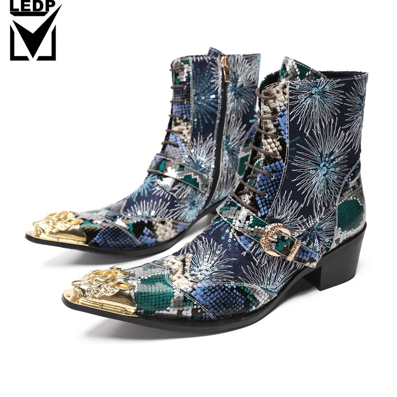 

BOARD Luxury High Heels Men Stud Boots Genuine Leather Ankle Boots Black Italian Chelsea Dress Shoes Pointed Toe Cowboy Boots