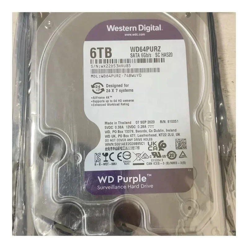 Original Western HDD 6TB WD WD64PURZ Purple Surveillance-level hard disk 3.5-inch SATA port WD64PURZ