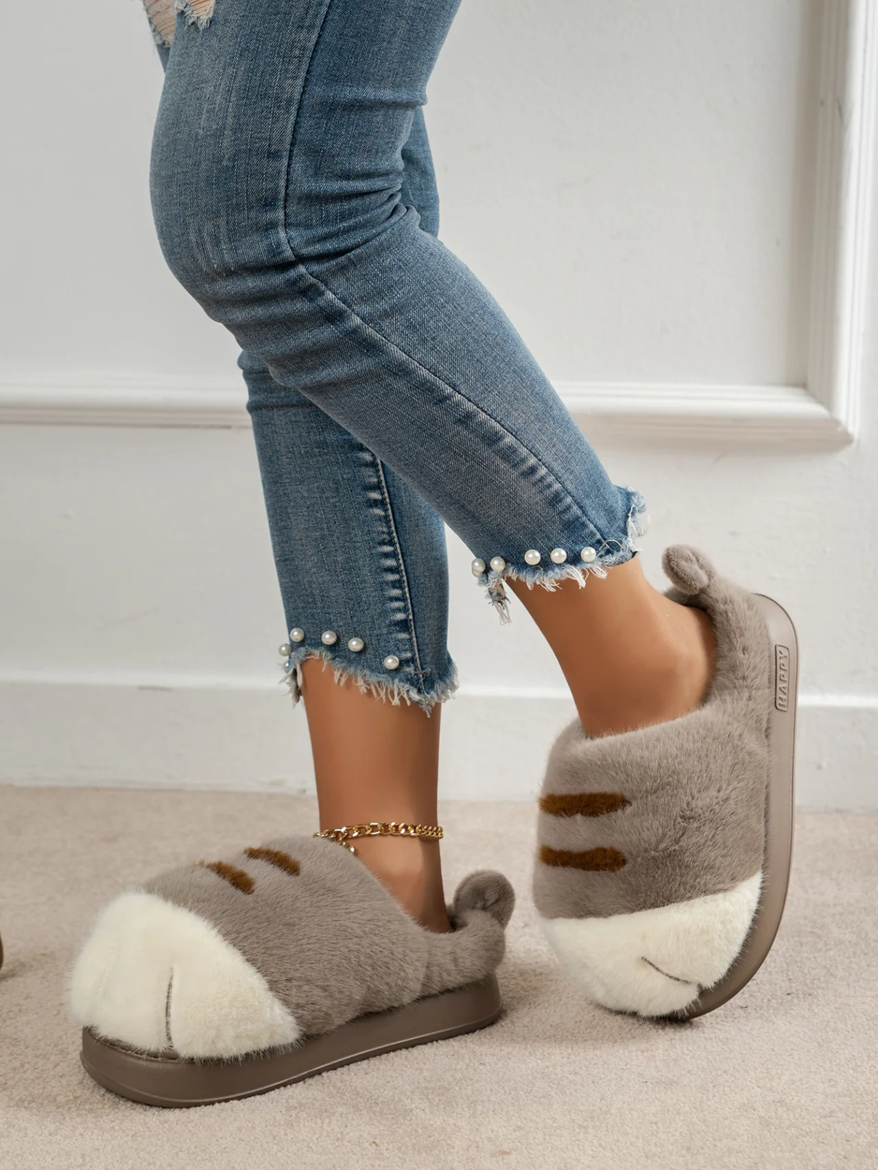 Neue Flauschige Katzenpfoten-Hausschuhe für Damen, Warme Winter-Pantoffeln, Lustige Flauschige Tierpfoten-Innenschuhe – Detail 5