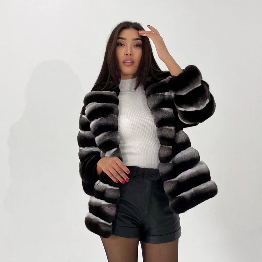 Winter Natural Rex Rabbit Fur Coat Women Short Fur Jackets Chinchilla Fur Best Seller Real Fur Jacket