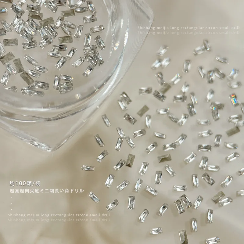 100PCS Reflective Sparkle 5A Mini Zircon Thin Rectangle White Diamonds Strip Nail Art Rhinestones Decorations Manicure Charms
