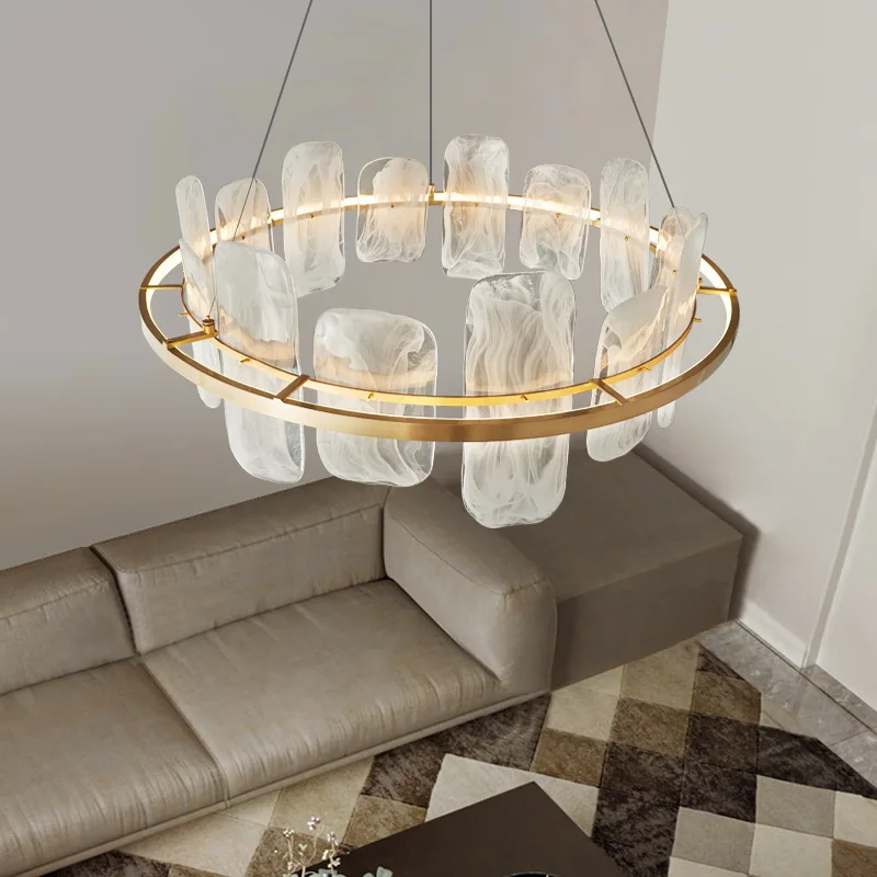 

Post-modern light luxury all-copper living room lamp, simple and creative cloud glass chandelier