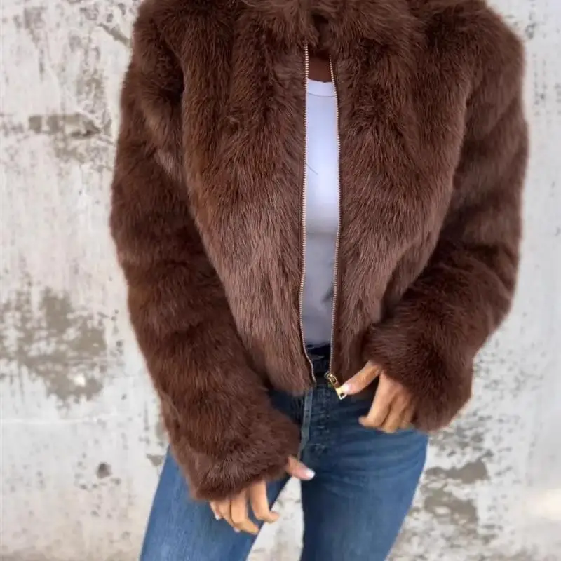 

High Ne Zippered Casual Top Jaet Women's Long Sve Pure Color Woolen Outerwear Spring Faion Ele Coat