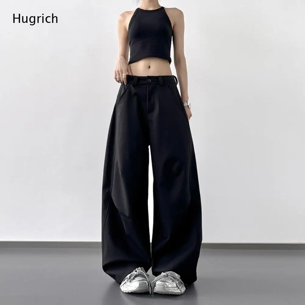 Daily Office Ladies High Waist Wide Leg Suit Pants Solid Black Zip Button Fly Draped Loose Floor Length Casual Trousers