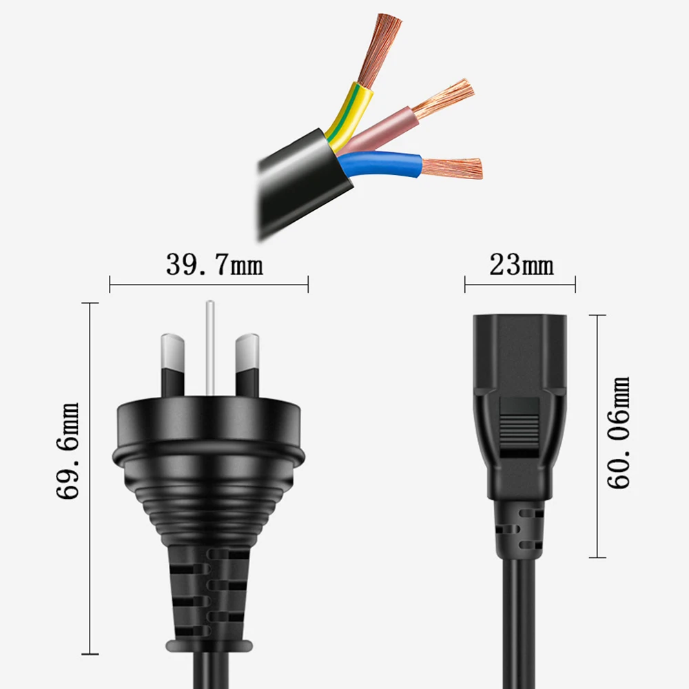 Wtyczka AU C13 wtyczka zasilania 3C * 0.75mm 10A 250V długość kabla 120CM nadaje się do Australii Nowa Zelandia