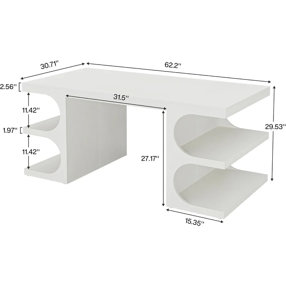 Tribesigns Modern Executive Office Desk, 63-Inch Large Computer Home Office Desk with Storage Shelves, Wood Study Writing Table, Workstation Business Furniture, White