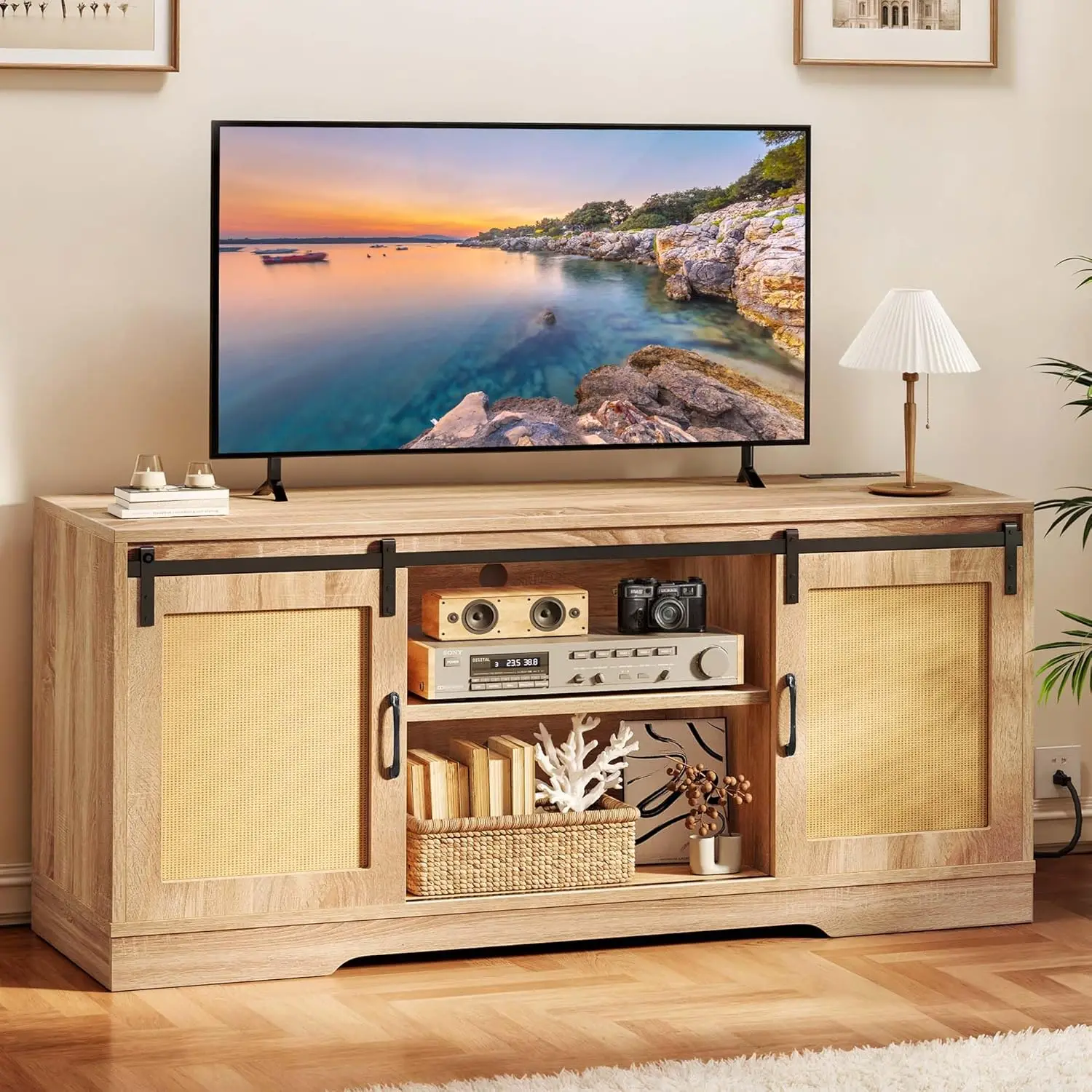 

TV Stand for 65 Inch TV with Power Outlets, Rattan Entertainment Center with Sliding Barn Doors and Storage Cabinets,NEW USA