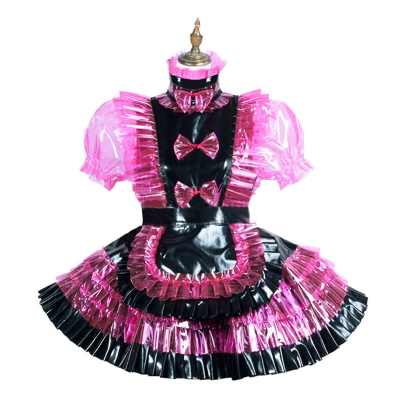 Men Sexy PVC Plastic Lolita Dress Women Bow Ruffle Puff Short Sleeve With Apron Lockable Sissy Maid Cross dressing Cosplay party