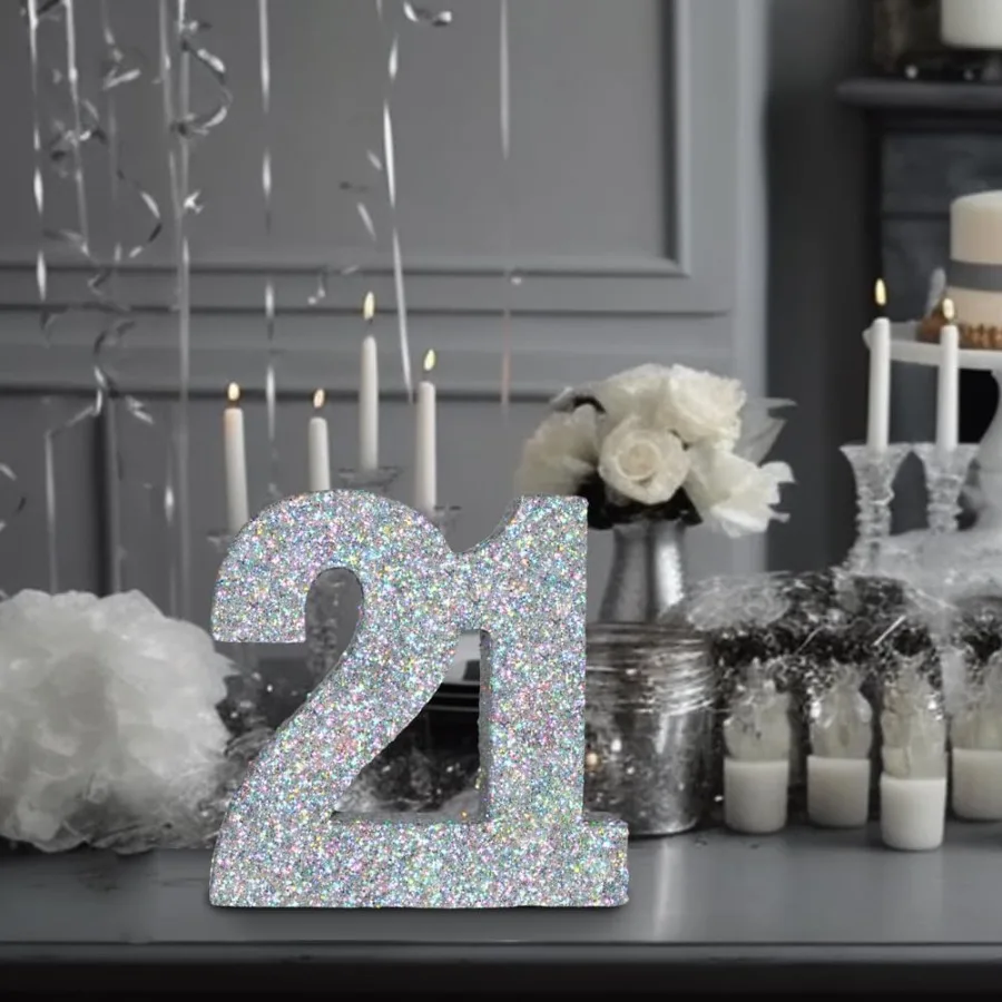 زينة عيد الميلاد الحادي والعشرون باللون الفضي اللامع رقم 21 قطعة مركزية لسطح الطاولة