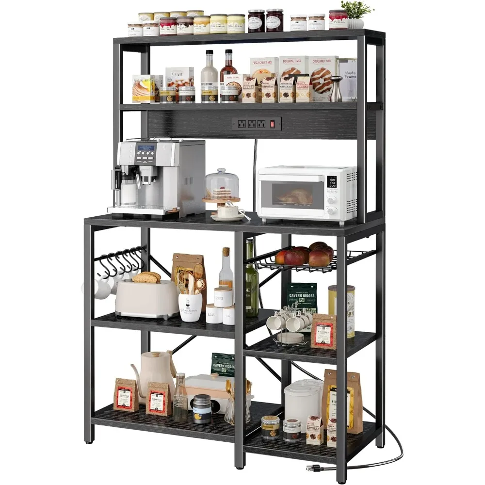 

SUPERJARE Bakers Rack with Power Outlet, 35.4 Inches Coffee Bar with Wire Basket, Kitchen Microwave Stand with 6 S-Shaped Hooks,