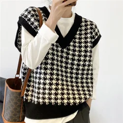 Houndstooth Plaid Knitted Sweater Vest Women Vintage Winter Pullover Women V Neck Loose Sleeveless Sweaters Waistcoat Tops 17502