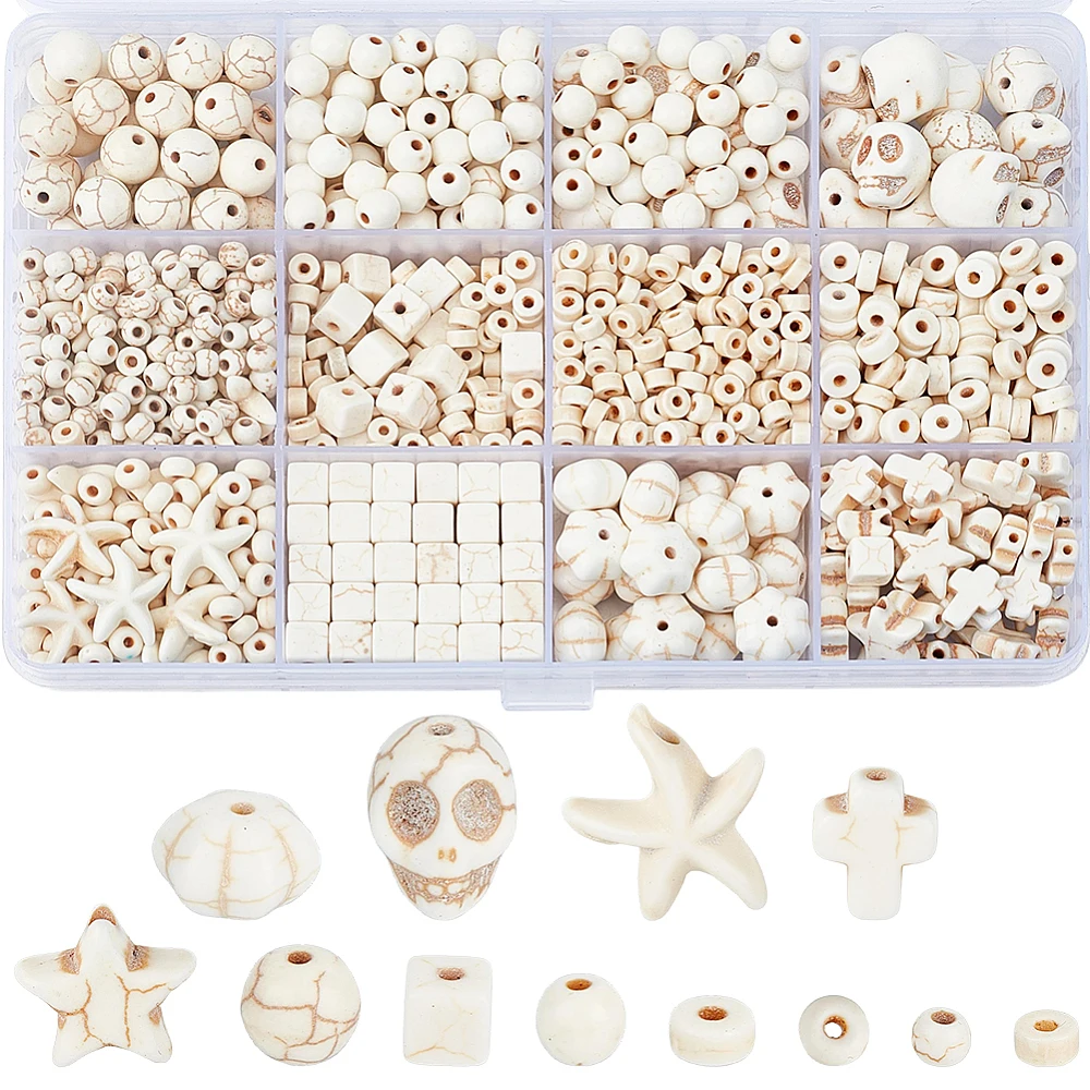 1200PC 12Styles White Turquoise Beads with Hole Dyed Cross Star Round Skull Cube Shape Assorted Stone Spacer Loose Bead Set Bulk