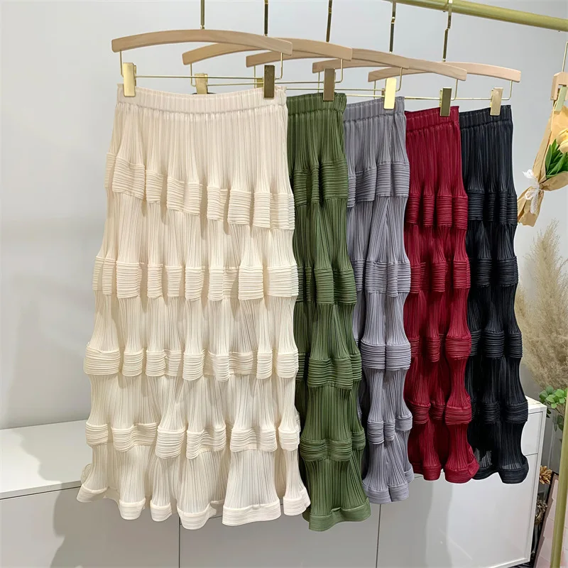 

Elegant Vintage Pleated A-line Mid-calf Cake Skirt Solid Color Loose High Waist for Women 2025 Autumn Female Fashion Clothing