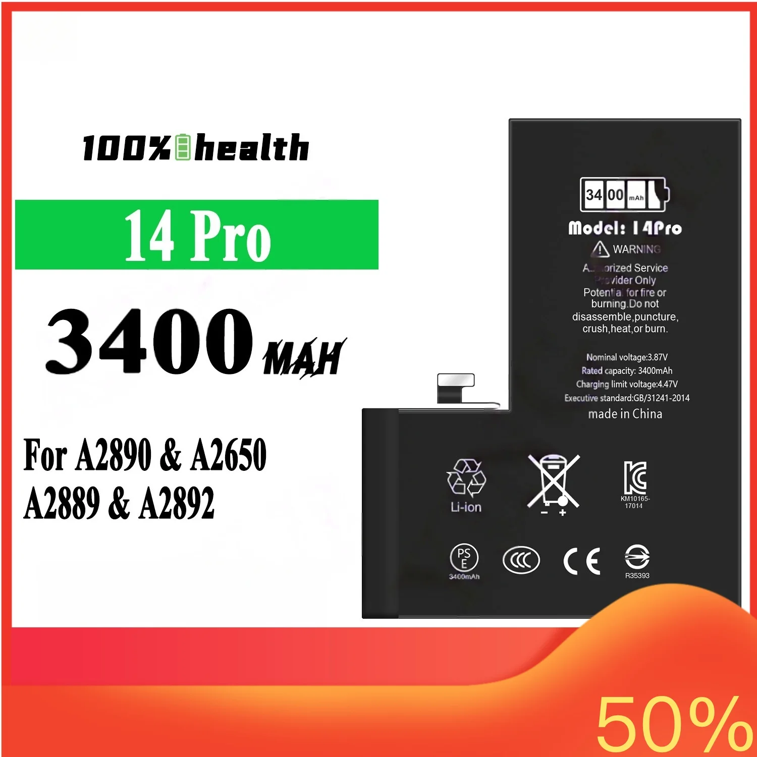 

3400mAh for Apple 14 Pro IPhone Battery for Apple A2890 A2650 A2889 A2892 Lithium Rechargeable Battery