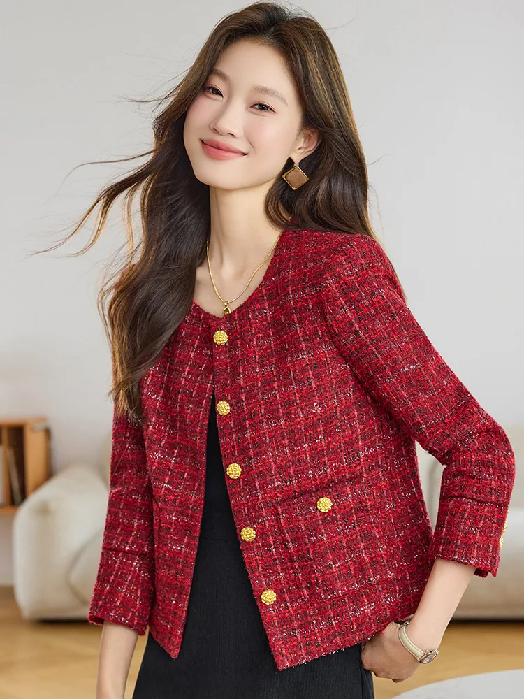 معطف قصير من الصوف الأحمر اللامع على الطراز الفرنسي للنساء سترة تويد منسوجة يدويًا للربيع