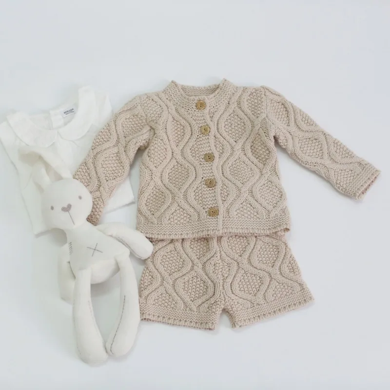 Autumn Winter Baby Knitted Twist Suit Children Clothing Boys Girls Baby Knit Sweater Cardigan + Shorts Suit Baby Clothes Suit