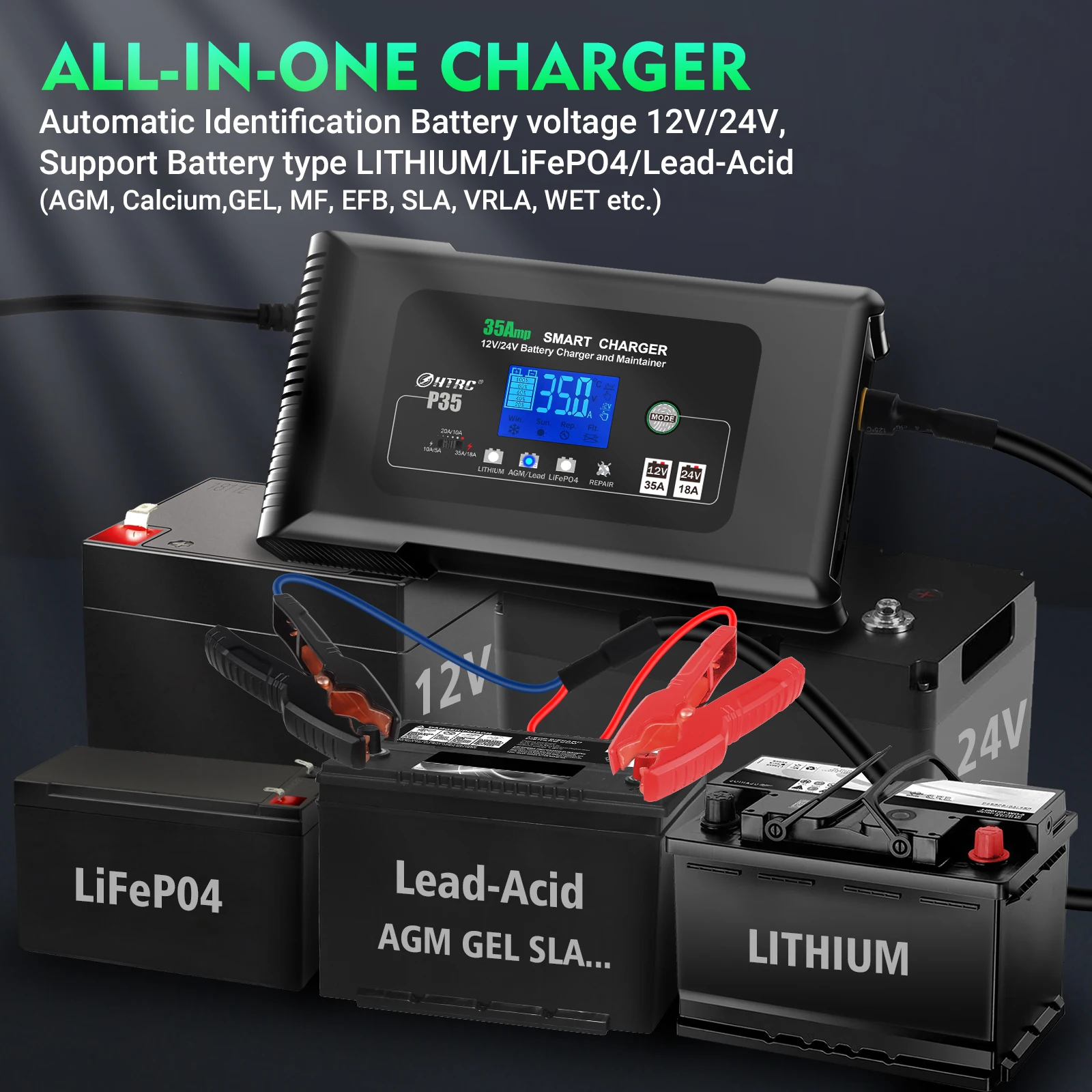 HTRC-Chargeur de batterie grande puissance P35, chargeur intelligent 35A, 12V-24V, AGM, plomb-acide, PB, GEL, écran LCD, voiture, auto, moto, camion