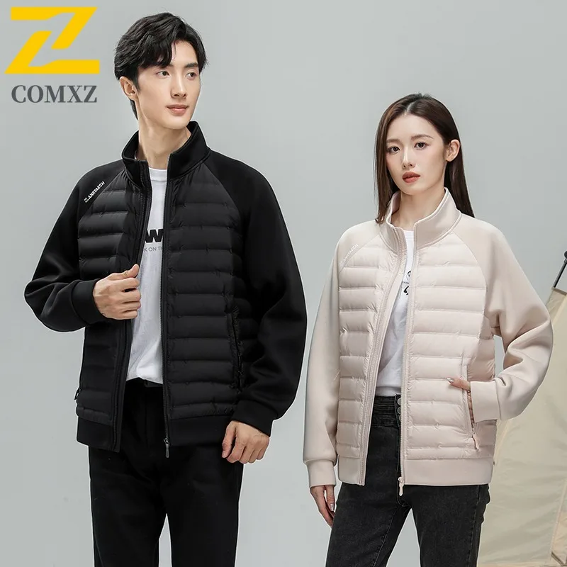 COMXZ Men 90% Down Lightweight Down Jacket Windproof Thermal Loose Fit Versatile Casual Stand Collar Solid Color Patchwork Coat