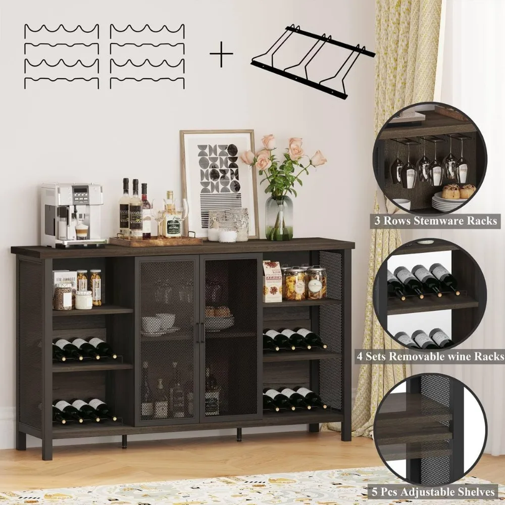 Wine Bar Cabinet for Liquor and Glasses, Industrial Cabinet, Farmhouse Aparador e com Armazenamento, Walnut Brown, 55"