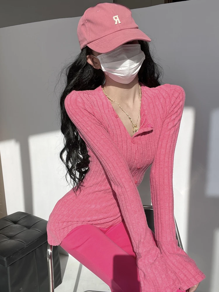 Maglieria V-Ne slim fit da donna lunga Sve Street Sle Color ort Lunghezza bottoni Design T-shirt casual Faion