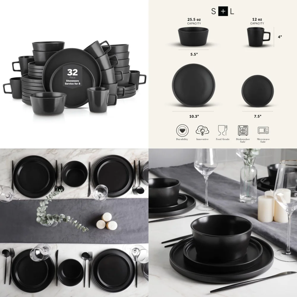 

Ceramic Tableware Set32 Piece Black Stoneware Dinnerware Set Plates and Bowls for Modern Dining