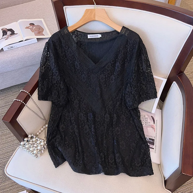 100/150/175kg Extra Large Women Clothing Chubby Female Loose Large New Fashion Lace Tops Tees 6XL 7XL Black/white T-shirt