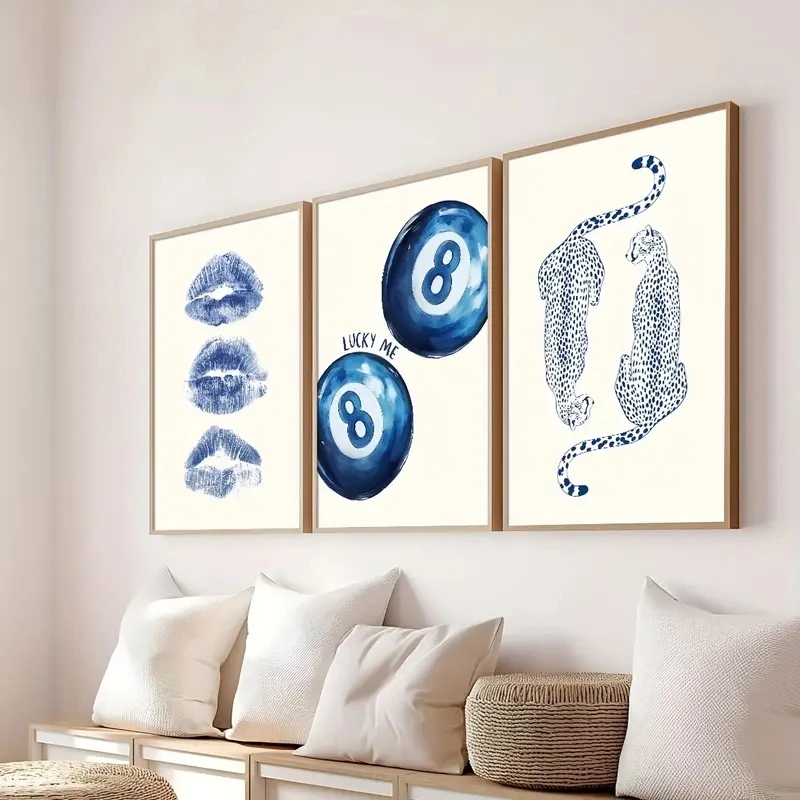 

3pcs/Set Blue Leopard Cat Mouth Swimming Pool Ball Canvas Poster Aesthetics Girls' Room Decoration Trendy College Style Wall Art