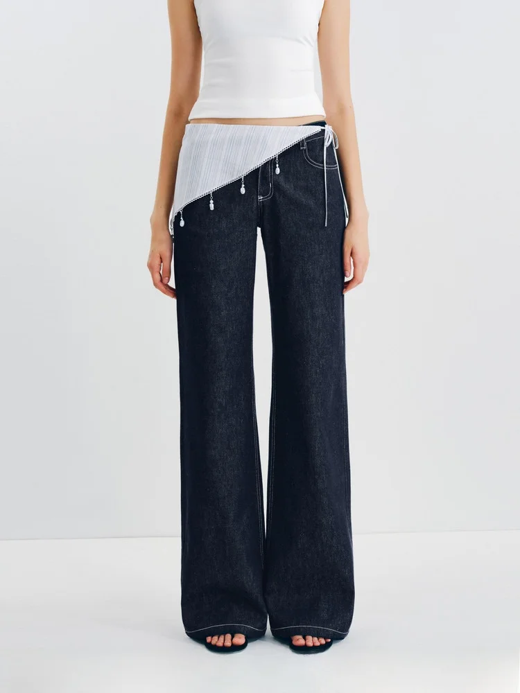 

Джинсы с низкой талией и прямыми штанинами PUKI Original с полосками под коровью кожу, со съемным шарфом-бисером и эффектом двухслойности, женские, летние, модные