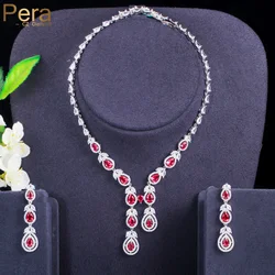 Pera Hot Pink Cubic Zirconia Silver Color Long Leaf Drop Necklace and Earrings for Bridal Luxury Party Wedding Jewelry Sets J416